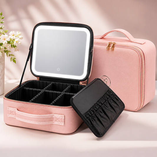 Organizador de maquillaje portátil con espejo LED