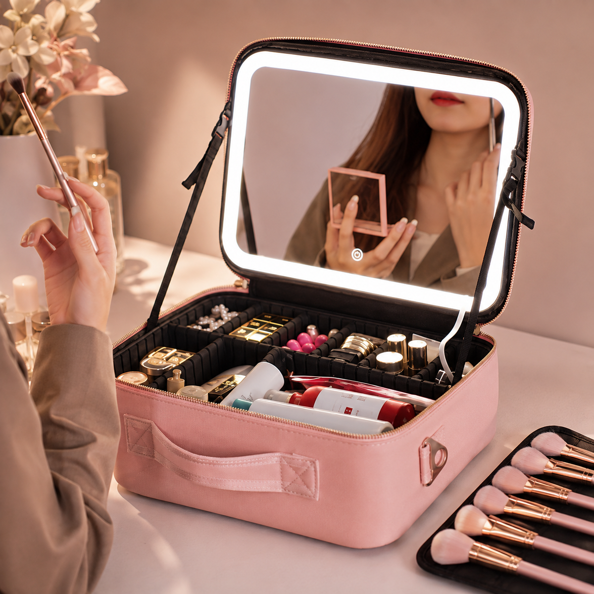 Organizador de maquillaje portátil con espejo LED