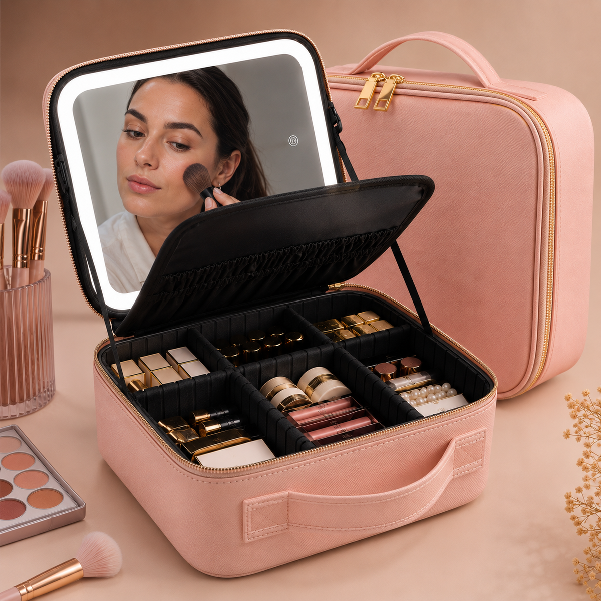 Organizador de maquillaje portátil con espejo LED